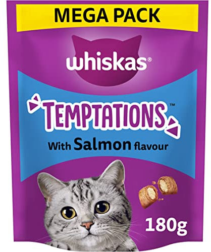 WHISKAS Temptations - Tasty, Crunchy Treats for Adult Cats, Small Bite Size Snacks with a Delicious Salmon Flavour Filling, 4x180 g Packets - Pack May Vary