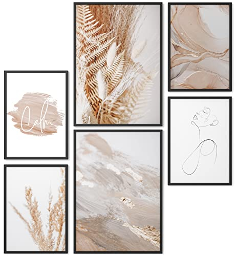 Papierschmiede® Mood Poster Set Boho Acryl, Deko Bilder Wohnzimmer, 2x DIN A4 und 4x DIN A5, Home Decoration Boho Style Beige Pampas Gras - Wandposter ohne Rahmen