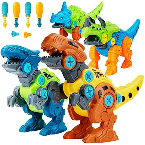 Lekebaby Dinosaurier Montage Spielzeug, 4 Stück DIY Jurassischer Dinosaurier Spielzeug mit Werkzeugen, Dinosaurier Geschenk für Jungen Mädchen 3 4 5 Jahre