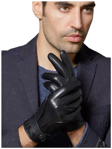 GSG SINCE 1998 Lederhandschuhe Herren Gefüttert Winter Lammfell Handschuhe Echtes Leder Warm Touchscreen Mit Kaschmir Gefüttert Schwarz L