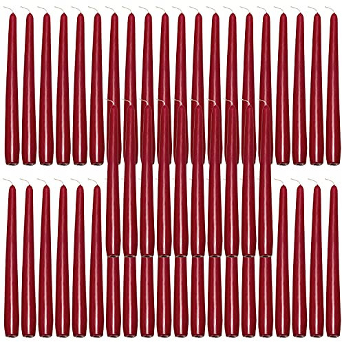 Deli Supplies Dinner Party Christmas Table Decor Bistro Candles Non Drip Tapered 9” 24cm Tall Taper Candle 7 Hour Burn Time Smokeless and Dripless Quality Wax (Burgundy, 50)