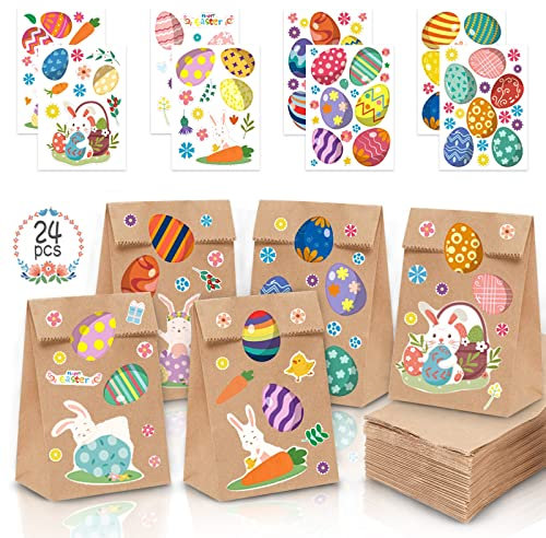 Mizijia Ostertüten zum befüllen, 24 Stück Ostern Geschenktüte mit Aufkleber, DIY Candy Papiertüten Geschenktüten Hasen Ostertüte, Geschenktüten für Kinder zu Ostern Kraftpapier(Ostern Kraftpapiertüten