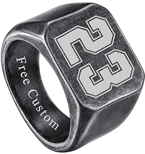 ChainsHouse Personalisierter Fingerring mit Sportnummer Retro Ring Damen Herren Quadrat Bandring Benutzerdefiniert Sportlernummer Ring für Weihnachte Valentinstag