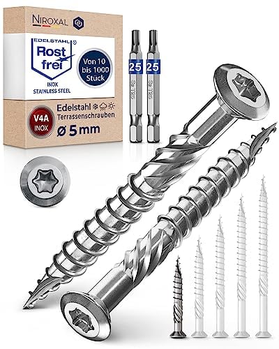 Terrassenschrauben 5x40 Edelstahl A4 Linsenkopfschrauben Torx Schrauben 5mm stark 1000 Stück Holzschrauben Torx 40mm lang Edelstahlschrauben Holz inkl. 2x Torx Bits
