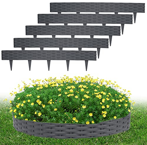 LZQ Rasenkante Beeteinfassung Rund Kunststoff, Beeteinfassung Beetumrandungen 50m Rattan-Design Palisaden mit 50 Elemente á 100 cm, Anthrazit
