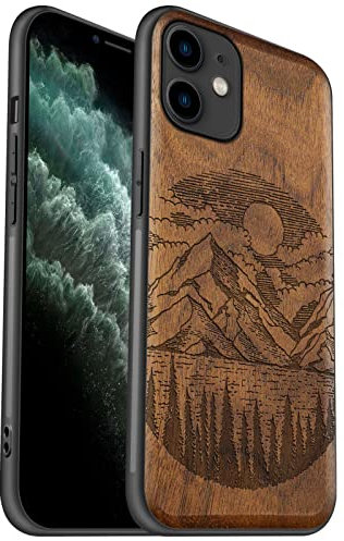 Carveit Hülle für iPhone 11 [Elegante Nussbaum] [Weich TPU Stoßstange] Stoßfeste Handyhülle Kompatibel mit 11 Hülle Holz （Alpensee）