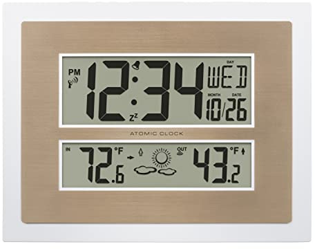 La Crosse Technology 512-14937-INT Atomic Digital Wall Clock with Temperature & Forecast in White/Champagne