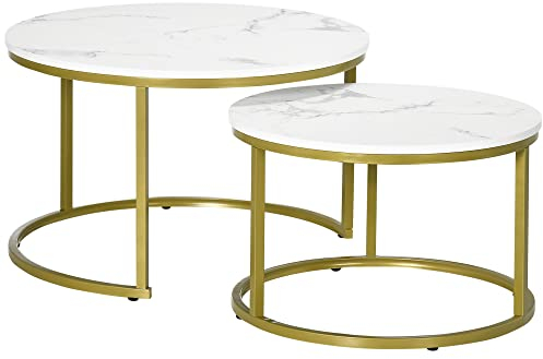 HOMCOM Lot de 2 Tables Basses gigognes Tables Rondes Plateau Blanc Aspect marbre et Pied en Acier doré