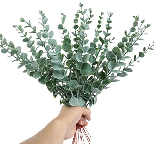 24 Piezas Hojas de Eucalipto Verde Artificial Planta de Eucalipto Hojas Deco Rama de Eucalipto Artificial Plantas Artificiales de Dólar de Plata para Celebraciones Fiestas Mesa Decoración.