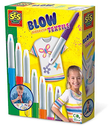 SES Creative | Blow Airbrush Textil-Airbrush Filzstifte | 7 Kräftige Farben | Einfach zu verwenden und abwaschbar | Kinder-Textil-Zeichen-Set | Stoffblasfilzstifte | Kreative Aktivität Ab 5 Jahren