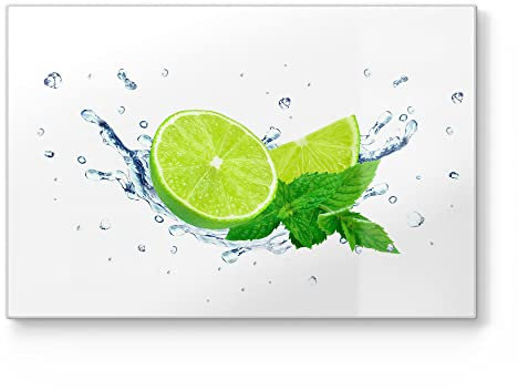 DEQORI Schneidebrett aus Glas | groß 30x20 cm | Motiv Limette fällt ins Wasser | Design Schneideplatte für Küche | Frühstücksbrett antibakteriell & rutschfest | Glasplatte & Servierplatte