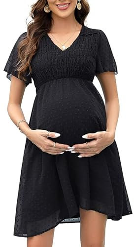 Clearlove Robe de grossesse en mousseline de soie à pois suisse à manches courtes pour femme, Noir , M