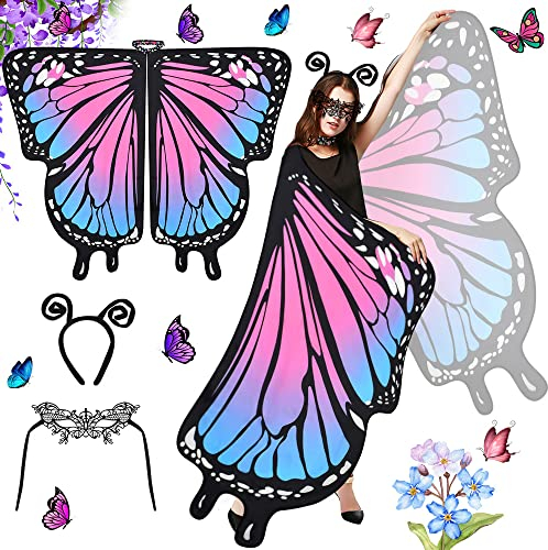 CYNNXIA Butterfly Wings Adult Womens Butterfly Shawl Fairy Wings Pink Nymph Pixie Butterfly Costume with Antenna Headband and Lace Mask for Halloween Carnival Christmas Dancing Party Dress Up