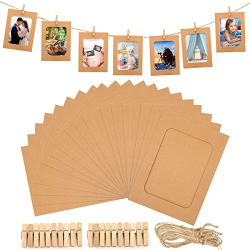 G2PLUS Papier Fotogirlande mit 20 Stück Rahmen, 11.5x15.5cm Braun Papier Fotorahmen, DIY Karton Bilderrahmen mit olzklammern & Hanfseil, Hängende Karton Albumrahmen für Dekoration