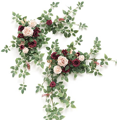 Ling's Moment 2PCS Artificial Floral Swags Centerpieces Burgundy Wedding Flower Greenery Arrangements for Sweetheart/Head Table Decor Wedding Car Wall Window Arch Home Garden Decor Blush Marsala