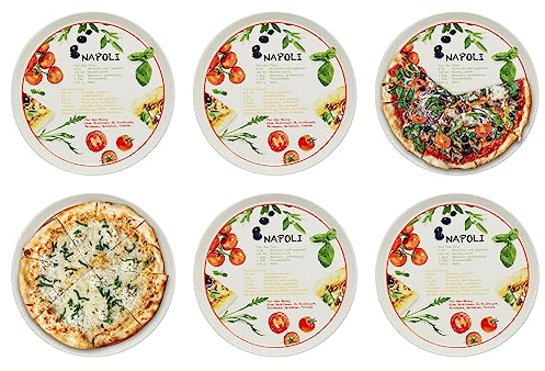 KHG 6er Set Pizzateller, extra groß mit 30cm Durchmesser in Napoli Print, perfekt für Gastro und Zuhause, hochwertiges Porzellan, Spühlmaschinengeeignet & perfekt Stapelbar