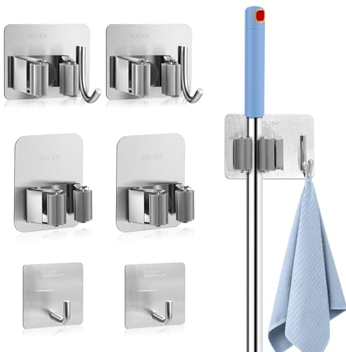 Daily Treasures 4Pcs Stainless Steel Wall Mount for Brooms with 2Pcs Hook,Adjustable Size Mop Holder,Self Adhesive Broom Holders,Flexible Freestanding Broom Sticky Back Hooks,Mop Hooks for Wall
