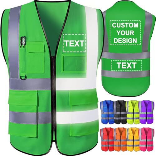 GBVllexuii Gilet de sécurité personnalisé pour hommes avec poches logo vert gilets réfléchissants haute visibilité vêtements de travail de sécurité de construction protection extérieure 4XL