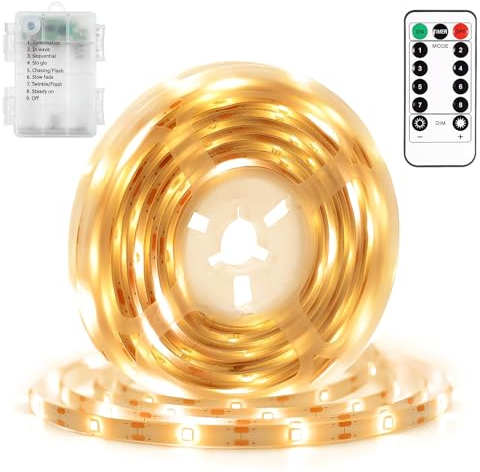 DBFAIRY Tira de luces LED, funciona con pilas, 2 m, 60 LED, batería con mando a distancia, temporizador, resistente al agua, para dormitorio, armario, hogar, fiesta, decoración (blanco cálido)