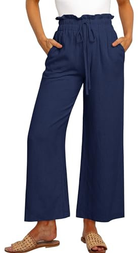 Cindeyar Leinenhose Damen Hosen Sommer Casual Leichte Palazzo Hohe Taille Einfarbig Leinen Freizeithose Sommerhose Mit Taschen und Tunnelzug (Dunkelblau, XXL)