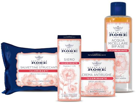 Acqua alle Rose, Kit Routine Viso Illuminante con Vitamina C, per Pelli Spente o Opache, con Acqua Micellare Bifasica, Concentrato Attivo, Crema Antirughe e Salviettine Struccanti - Esclusiva Amazon