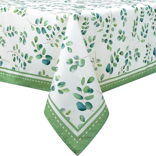Arquiel Watercolor Eucalyptus Leaf Tablecloth Waterproof, Green Plant Bordered Rectangle Table Cloth, Washable Table Cover For Kitchen Dining Party Decor(152×213cm)