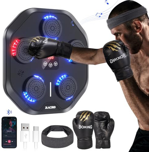 Zacro Musik Boxmaschine, LED Music Boxing Machine, Smart Music Boxing Machine,Wall Mounted Boxing Workout mit 9 Modi/Geschwindigkeiten, Boxmaschine mit Musik, Schlaghandschuhen und Stirnband