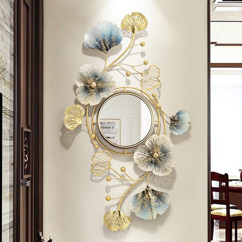 GERHWASH Wandspiegel Groß Ginkgo Blatt Deko Spiegel 92 * 68cm Kreativer Metall Spiegel Wand für Wohnzimmer Schlafzimmer Wandhalterung Dekorativer