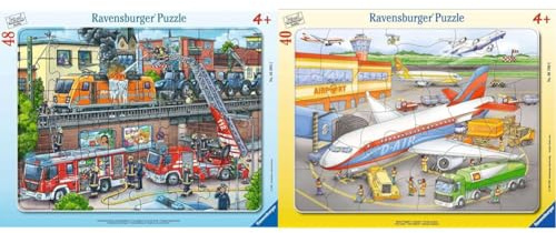 Ravensburger Kinderpuzzle - 05093 Feuerwehreinsatz an den Bahngleisen & Kinderpuzzle - 06700 Kleiner Flugplatz - Rahmenpuzzle für Kinder ab 4 Jahren, mit 40 Teilen