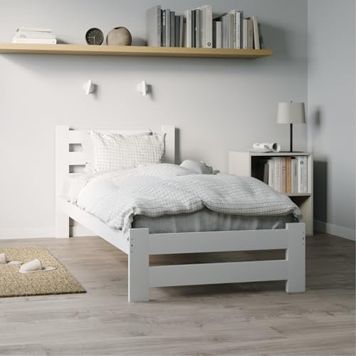 Holzbett 90x200 cm mit Lattenrost Modern Bett Bed Kiefer Massiv Bettgestell Einzelbett Massivholzbett Klassisch | Komfortabel & Langlebig | Skandinavisch Boho Landhaus Kopfteil hoch weiß