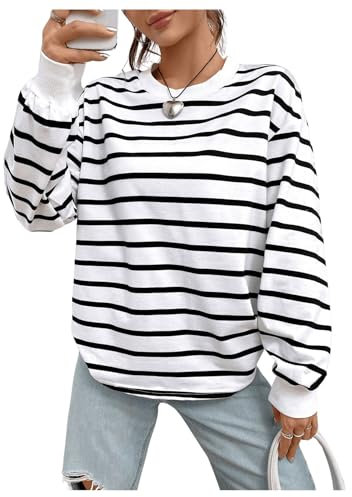 GORGLITTER Damen Sweatshirt Gestreift Pullover Herbst Langarmshirt Prepy Sweatshirts Casual Oberteil Pulli mit Rundhals Schwarz und Weiß S