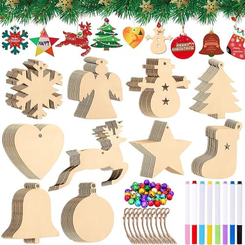 NEMMXUB 308 Piezas 10 Estilos Colgantes de Madera para Navidad, Ornamentos de Navidad,Adornos de Navidad Madera, Colgantes de Madera para Árbol para Navidad con 100 Cuerdas