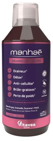 Manhaé - Draineur Expert - Draineur, Détox, Perte de Poids - Guarana, Baie de Goji, Grenade, Bardane, Queue de Cerise - 500ml - 10 jours - Saveur Cassis - Fabriqué en France - Vitavea
