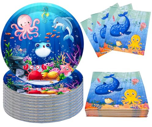 80Pcs Under the Sea Party Supplies Ocean Sea Life Party Set 7Ocean Animal Paper Plate Ocean Napkins for Sea Horse Puffer Fish Octopus Marine Animals Theme Under The Sea Party Decorations|Serve 40