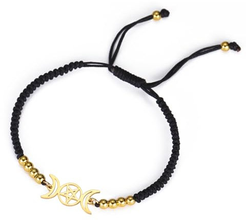 EUEAVAN Dreifach Mond Göttin Pentagramm Stern Wachsfaden Armband Amulett Pentagramm Religion Armreif Edelstahl Schmuck Symbol Witchcraft Geschenke für Frauen (schwarz 2)