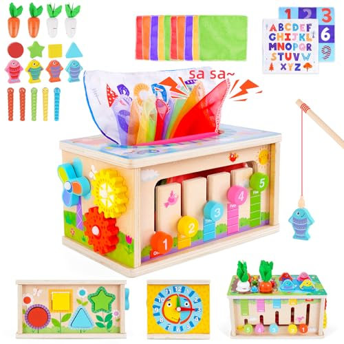 FCSONU Baby Montessori Spielzeug ab 3 Jahre Jungen Mädchen, Tücherbox mit Knistertuch, Motorikwürfel Kinderspielzeug, Kinder Holzspielzeug Steckspiel ab 3-4, Weihnachten Geschenk für Geburtstag