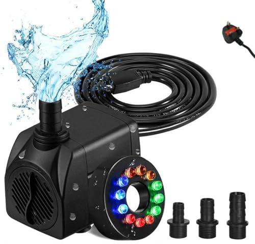 Senwivv Electric Water Aquarium Feature Pump, 2M Long Cable, 800L/H 16W with 2 Nozzles Submersible Water Pumps, 12 LED Colorful Ultra-Quiet Fountain Outdoor Garden Fish Pond Aquarium Fish Tank Pump