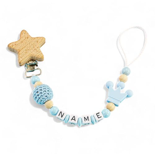 Schnullerband mit Namen für Mädchen & Junge mit Ihrem Wunschnamen - verschiedene Modelle - in DE erstellt (Blau (Stern))