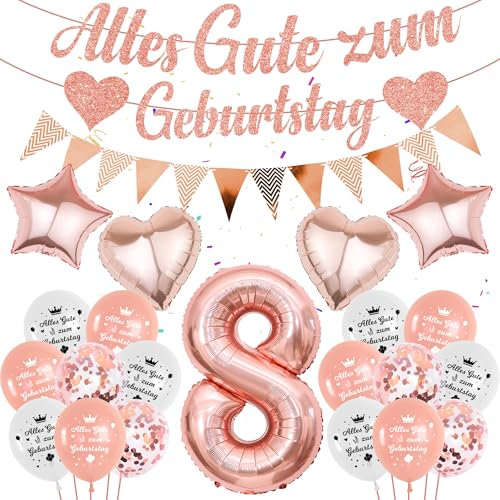 luftballon 8. Geburtstagsdeko rosegold Mädchen - 57 Stücke 8. Geburtstag Deko Banner, Folienballon Zahl 8, 8 jahre Alles Gute zum Geburtstag Girlande für Kindergeburtstag mädchen Ballon Dekoration