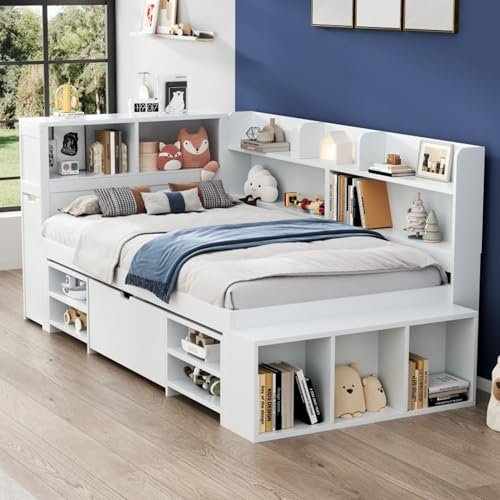 Jtyca Single Bed with Storage Drawers and Slatted, Kids Platform Bed with Bookcase and Storage Cupboard, Multifunctional Children'S Bed, LVL, 3FT-90x190cm, White, (No Mattress)