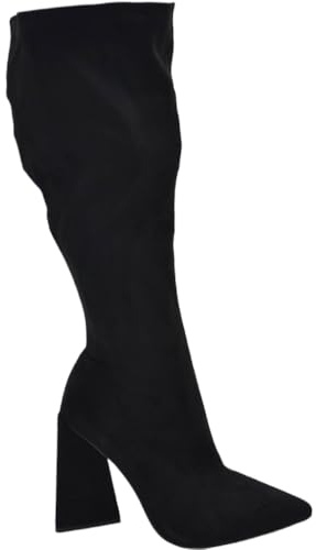 Stivali Donna Nero camoscio a Punta con Tacco Largo Asimmetrico Comodo 10 cm Gambale Largo Polpaccio Comodo Elastico