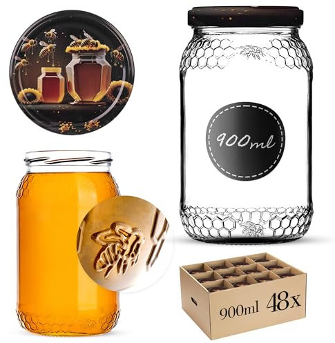 KADAX Lot de 48 bocaux à miel, 900 ml, avec couvercle à visser fi82 mm, pour miel, confiture, miel