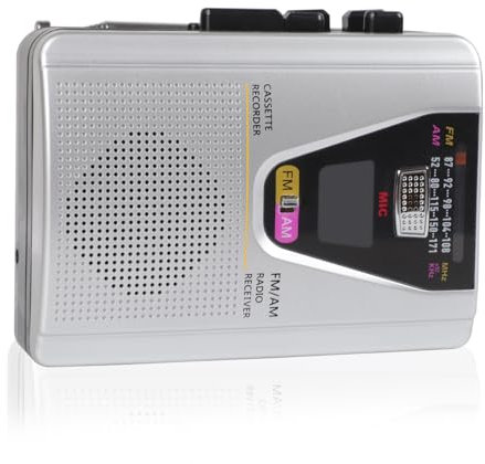 PopuLike Portable Cassette Player, AM/FM Cassette Player with Auto-Reverse Function, Cassette Recording, Built-In Mic and Speaker, 3.5mm Earphone Jack, Silver