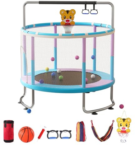 Trampoline pour enfants de 1,5 m avec panier de basket-ball et balançoire, filet de sécurité, sac de sable et balles océaniques, trampoline rectangulaire intérieur/extérieur pour tout-petits (bleu)