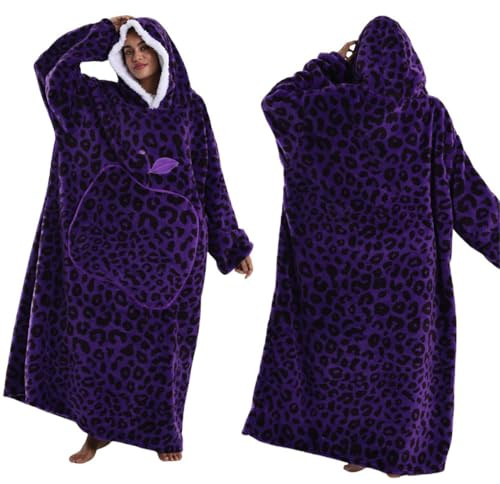 Seogva Extra langer, tragbarer Kapuzenpullover, übergroßes Deckensweatshirt für Damen und Herren, super warmes und gemütliches Kapuzen-Sweatshirt mit Ärmeln und riesiger Tasche, Violettfarbenes