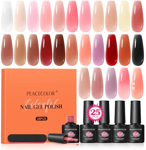 PEACECOLOR Jelly Gel Nail Polish Set, 25pc Translucent Burgundy Red Black Colours Soak Off UV Gel Polish, Nail Art Manicure Salon and Home DIY for Women Gift