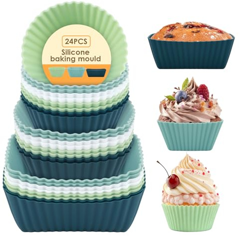 24 Moldes de Silicona para Magdalenas, Cápsulas Reutilizables para Cupcakes | Accesorios Antiadherentes de Repostería, Utensilios para Hornear Muffins y Postres, Fáciles de Limpiar y Desmoldar