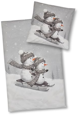 2 tlg. Set Weihnachtliche Bettwäsche – Kissen & Decke – Schneemänner | Bettbezug, Wendebettwäsche aus Baumwolle – 200 x 135 & 80 x 80 cm – Winter, kalte Jahreszeit, Kindermotive – Seaside No.64