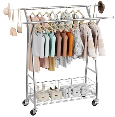 VEVOR Portant à vêtements avec roulettes, porte-manteau roulant avec 2 barres de suspension et panier de rangement, charge de 150 kg, tringle extensible en acier carbone pour chambre, buanderie, salon