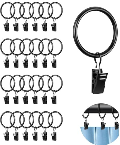 25 Pièces Anneaux de Rideau en Métal Noir avec Clips Solides, Pinces à Rideaux Robustes, Crochet a Pince pour Rideauxs, pour Tringle à Rideaux, Fenêtres, Portes, Rideaux de Douche